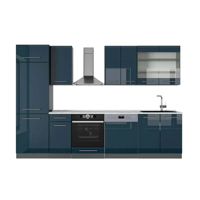 Vicco Cuisine Bleu foncé brillant/Anthracite 300cm, PT Marbre