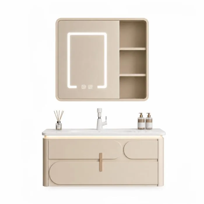 Meuble de salle de bain suspendu 80 cm avec plan vasque et armoire miroir LED de salle de bain - Beige cachemire - DALI
