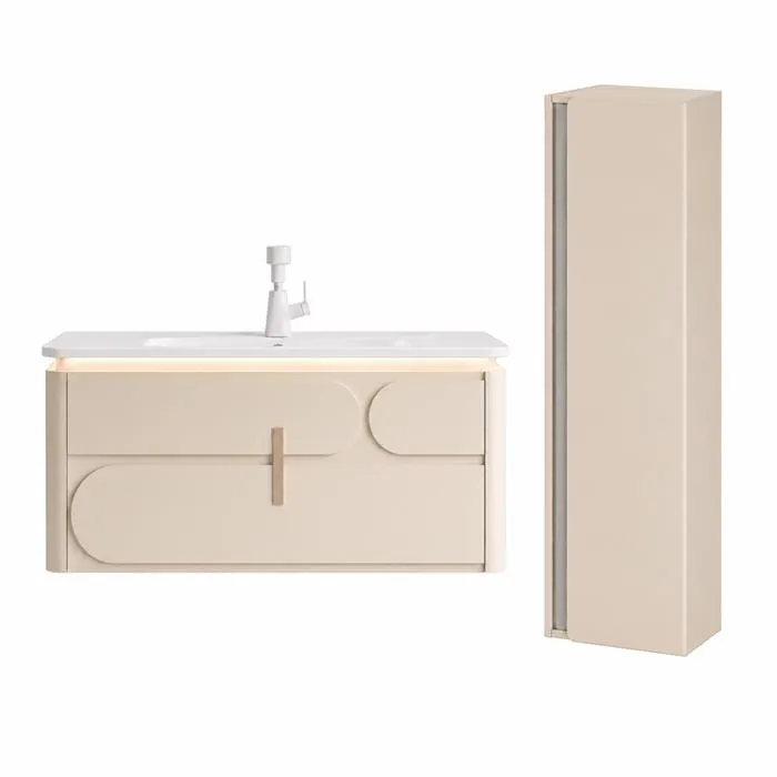 Meuble de salle de bain suspendu 80 cm avec plan vasque et colonne de salle de bain - Beige cachemire - DALI