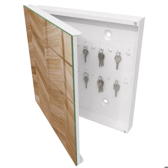 Armoire À Clés - (30 Cm X 30 Cm) - Boîte À Clés Murale - Coffret De Rangement Pour Clés - Couleur Blanche - Ouverture Vers La Gauche - Pour Maison Et Bureau - Chevrons En Bois