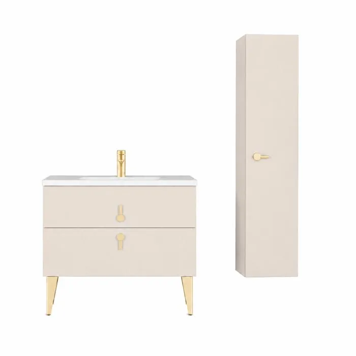 Meuble de salle de bain suspendu 60 cm avec plan vasque et colonne de salle de bain - Beige cachemire - NORVA