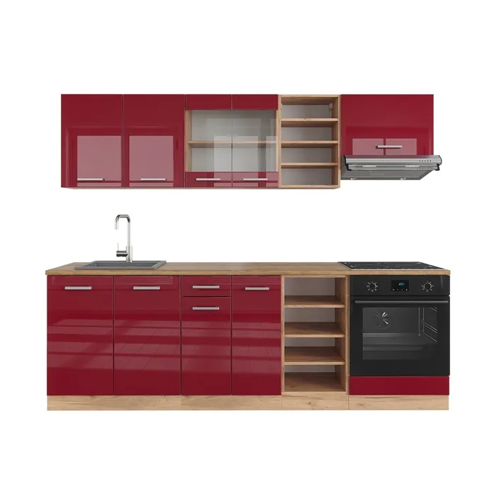 Vicco Cuisine Rouge brillant/Chêne doré 240cm sans PT