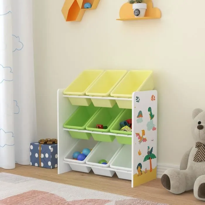Étagère de rangement Muxiia pour enfant avec 9 bacs ouverts blanc vert jaune en.casa