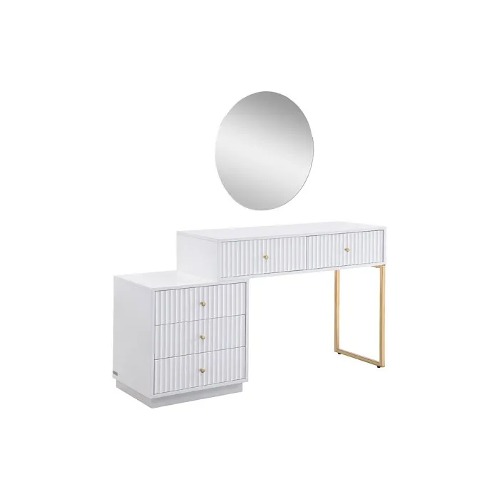 Coiffeuse avec miroir - 5 tiroirs - Blanc et doré - PEROLIA