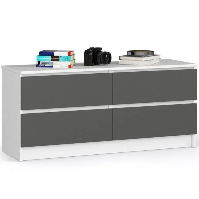 Commode Akord K120 Blanche 120 Cm 4 Tiroirs Façade Gris Graphite 120x40x55 Cm