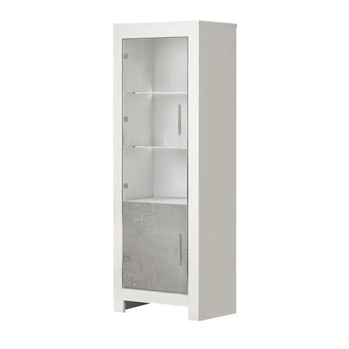 DENAE - Vitrine Gauche Laquée Blanc Brillant et Gris Marbré avec Leds