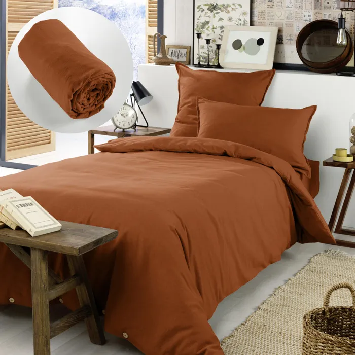 Pack Housse de couette chaude en flanelle 140 x 200 cm + drap housse 90x190 Terracotta