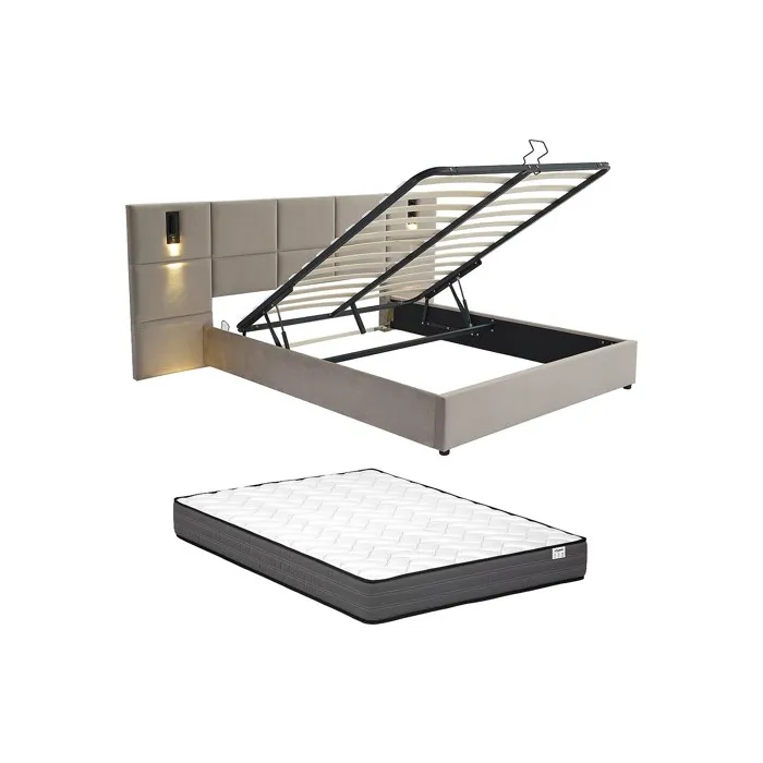 Lit coffre 180 x 200 cm avec tête de lit et lampe intégrée - Velours - Taupe + Matelas - SARETO