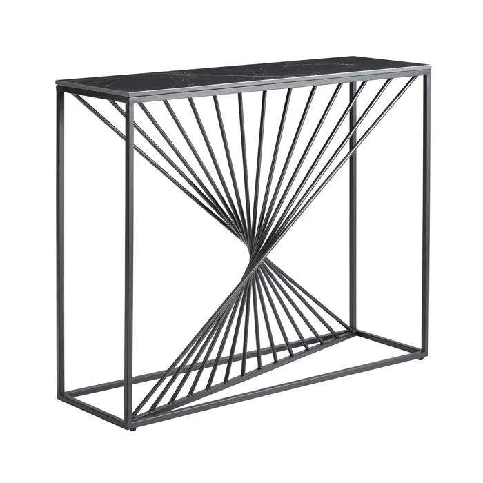 DOMUS - Console Plateau Céramique Marbré Noir Pieds Métal Noir