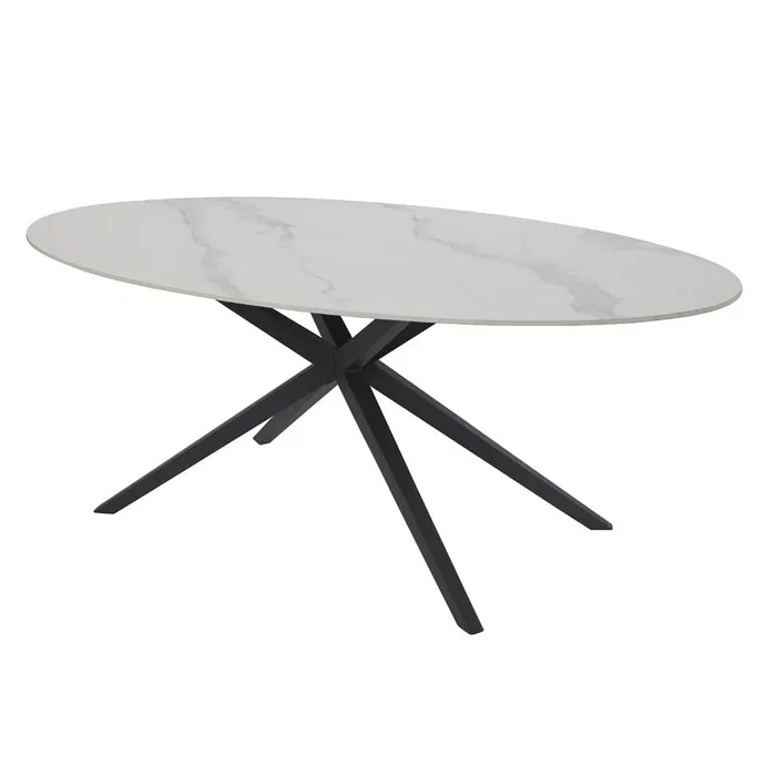 AUDREY - Table Céramique Imitation Marbre Blanc Pieds Étoile Métal Noir