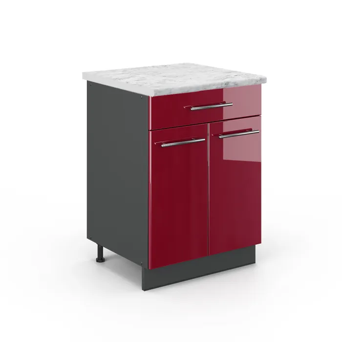 Vicco Meuble cuisine Rouge bordeaux Haute brillance/Anthracite 60cm avec tiroir plan de travail Marbre