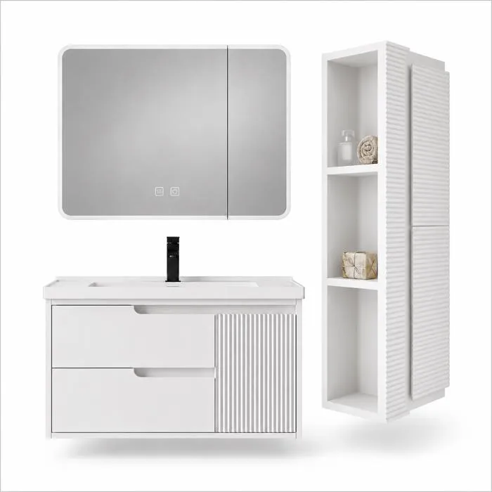 Meuble de salle de bain suspendu 80 cm avec plan vasque, armoire miroir LED et colonne de salle de bain - Blanc cassé - SEREN