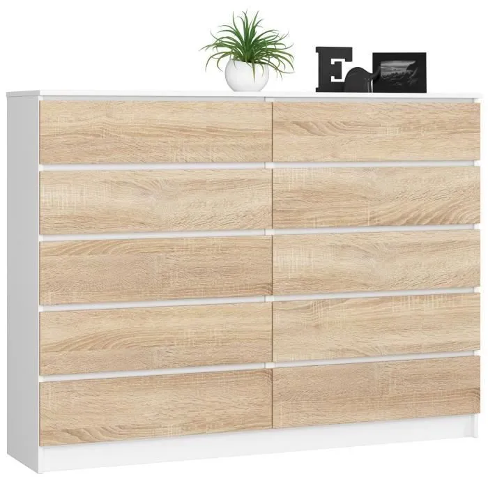 Grande Commode Pour Le Salon Akord K160 Blanche 160 Cm 10 Tiroirs Façade Chêne Sonoma 160x40x121 Cm