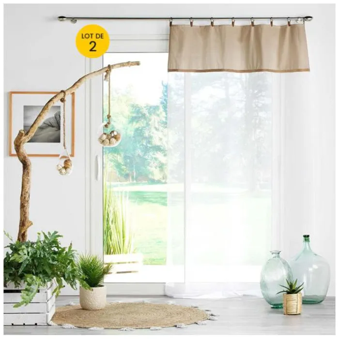 Lot de 2 Voilages à anneau 140 x 240 cm en polycoton sablé + jute Leana Beige