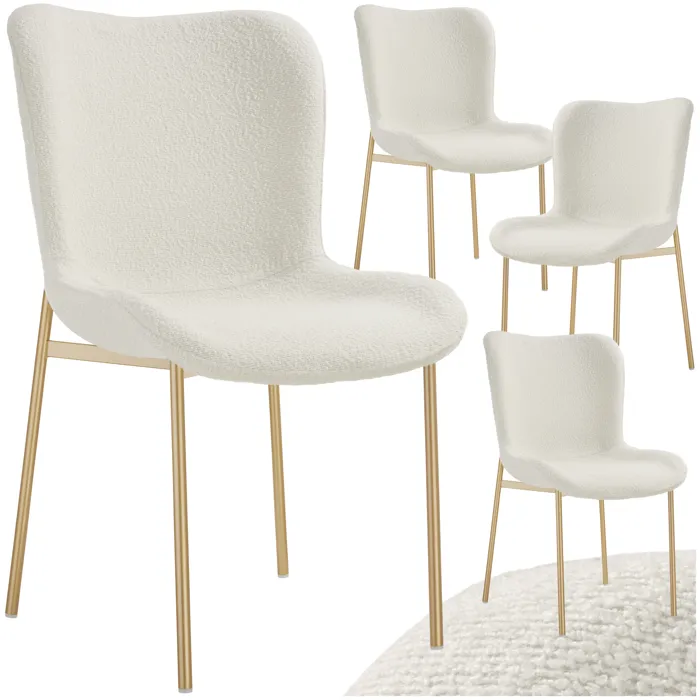 4 Chaises Rembourrées Tissu Bouclette Ergonomiques Blanc/doré