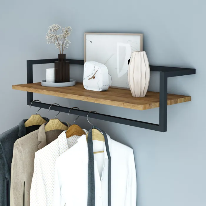 Portemanteau mural Evje avec barre de penderie et étagère 80 x 30 x 20 cm effet bois noir en.casa