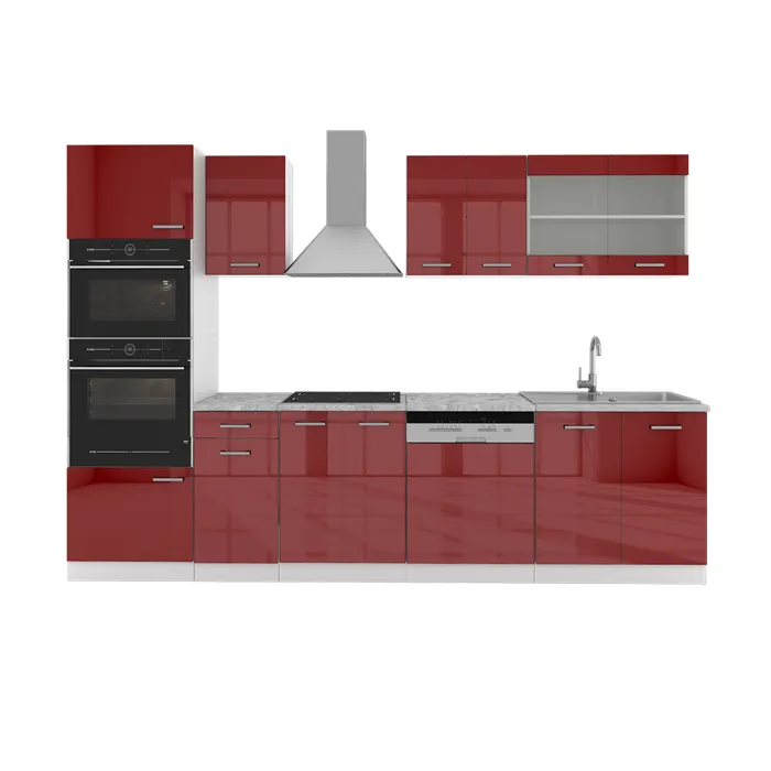 Vicco Cuisine rouge brillant/blanc 300cm avec armoire haute, PT Marbre