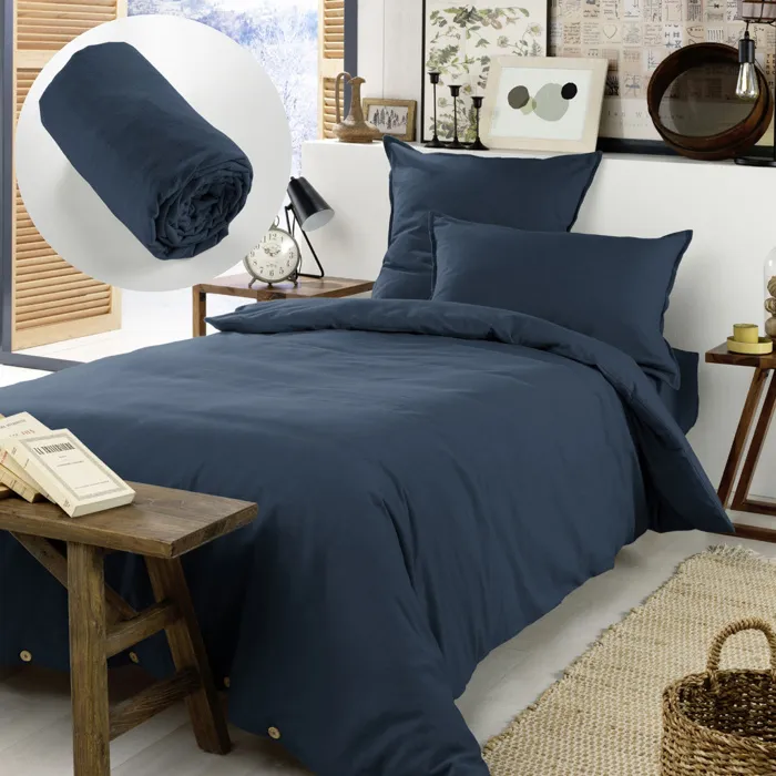 Pack Housse de couette chaude en flanelle 140 x 200 cm + drap housse 90x190 Bleu