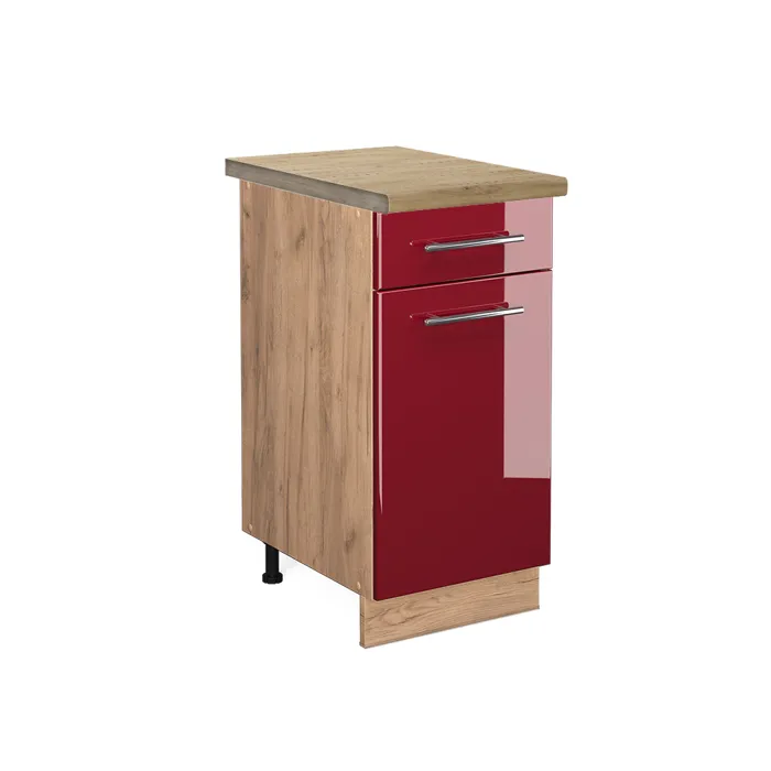Vicco Meuble cuisine Rouge bordeaux Haute brillance/Chêne doré 40cm plan de travail Chêne doré