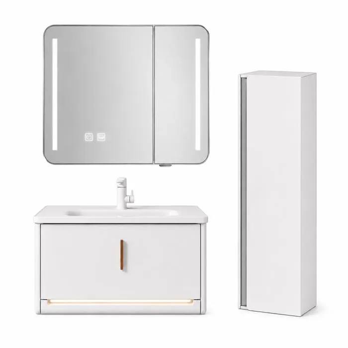Meuble de salle de bain suspendu 80 cm avec plan vasque, armoire miroir LED et colonne de salle de bain - Blanc cassé - VALEN