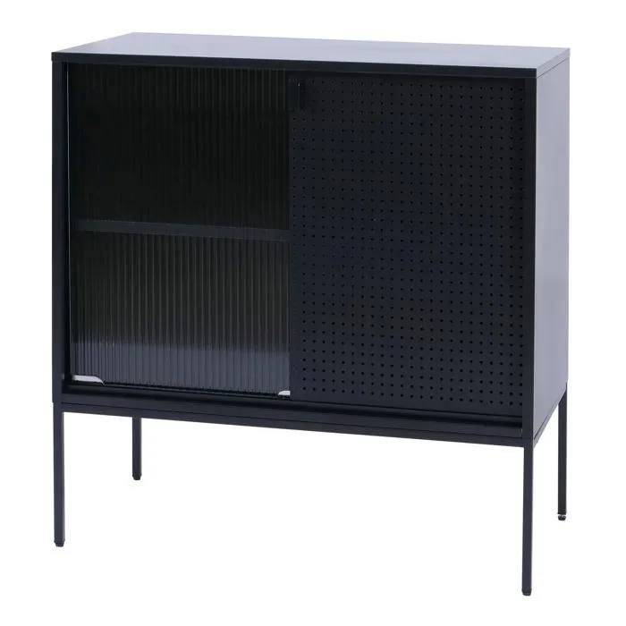 Commode Avec Portes Coulissantes En Verre Strié Style Industriel 85x80x45 Cm En Acier Noir 040008868