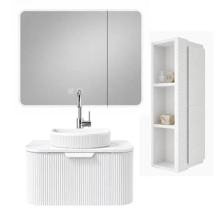 Ensemble meuble suspendu 60 cm avec vasque à poser et plan vasque, armoire miroir LED et colonne - Blanc cassé - RAIN