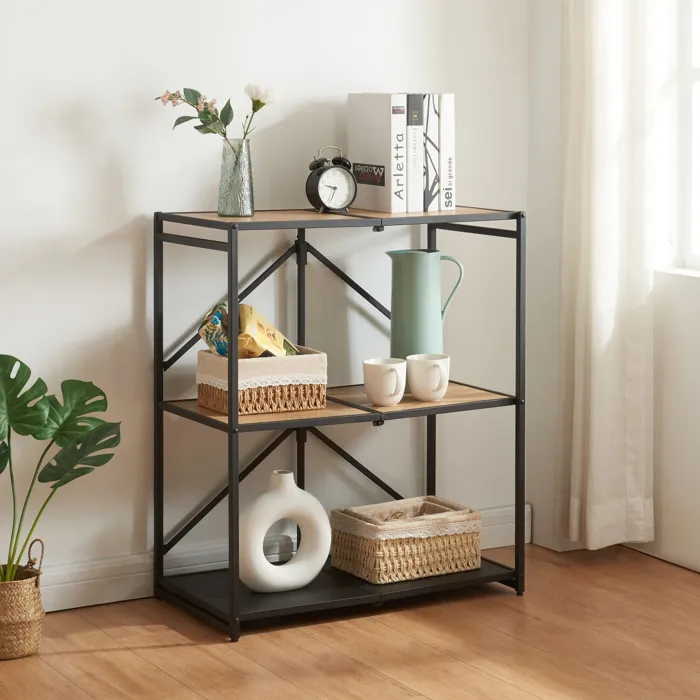 Etagère autoportante pliante Telemark à 3 niveaux métal MDF 81 x 68 x 38 cm noir effet chêne en.casa