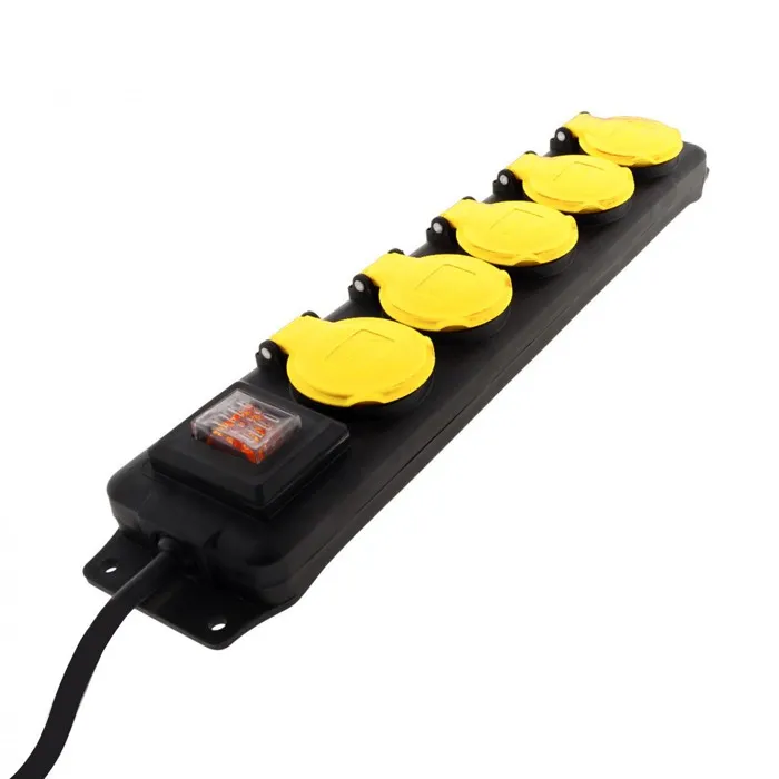 Multiprise Extérieure IP44 - 5 prises standards français 2P+T 16A avec caches et fiche 16A