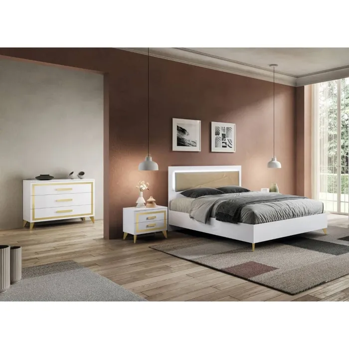 Jemma - Chambre 160x200cm Blanche Et Or Lit Tête Rembourrée Avec Leds + 2 Chevets + Commode