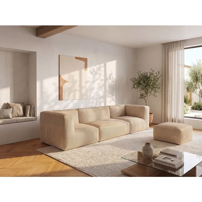 Canapé modulable avec pouf en velours côtelé beige NOUMARA