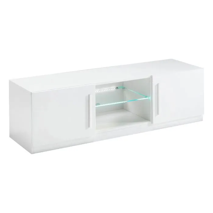 CLARK - Meuble TV 2 Portes Moderne Laqué Blanc avec Leds
