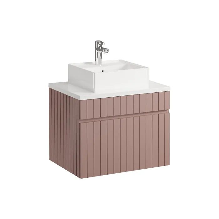 Meuble de salle de bain suspendu strié rose avec vasque à poser - 60 cm - SATARA