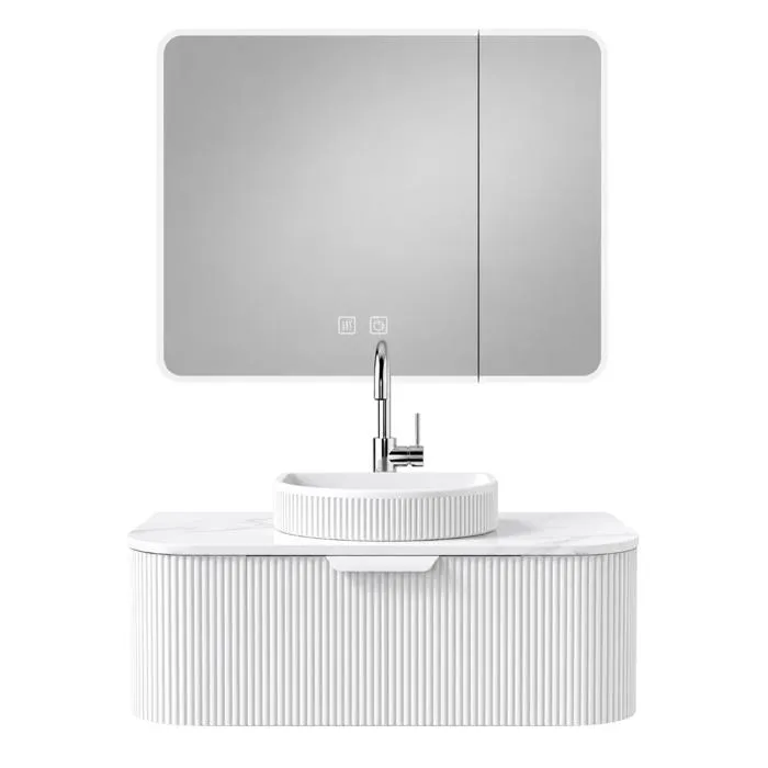 Ensemble meuble suspendu 80 cm avec vasque à poser et plan vasque et armoire miroir LED - Blanc cassé - RAIN