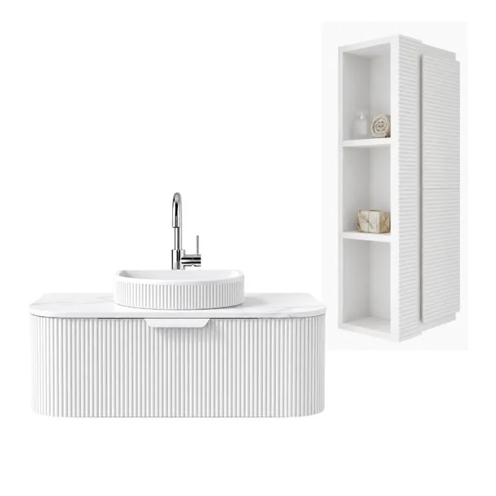 Meuble de salle de bain suspendu 80 cm avec vasque à poser, plan de toilette et colonne de salle de bain - Blanc cassé - RAIN
