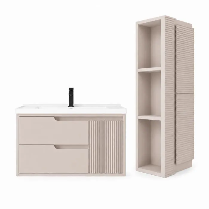 Meuble de salle de bain suspendu 80 cm avec plan vasque et colonne de salle de bain - Beige cachemire - SEREN