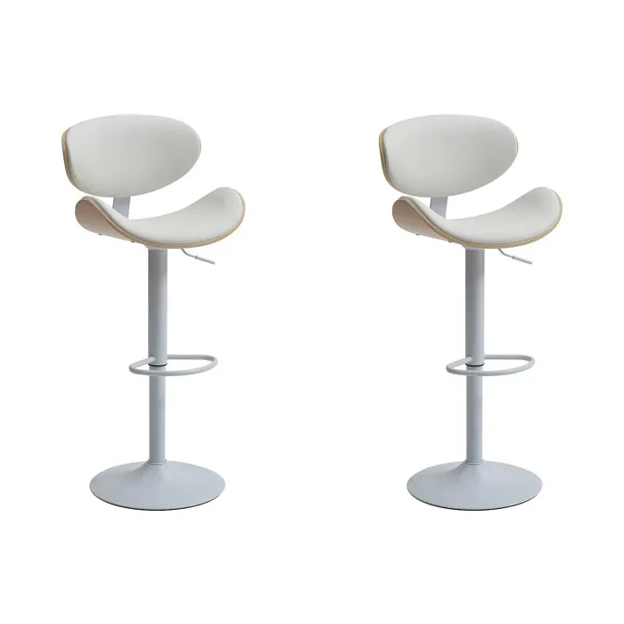 Lot de 2 tabourets de bar en simili, placage chêne et métal - Hauteur réglable - Naturel clair et Blanc - MONTENEGRO