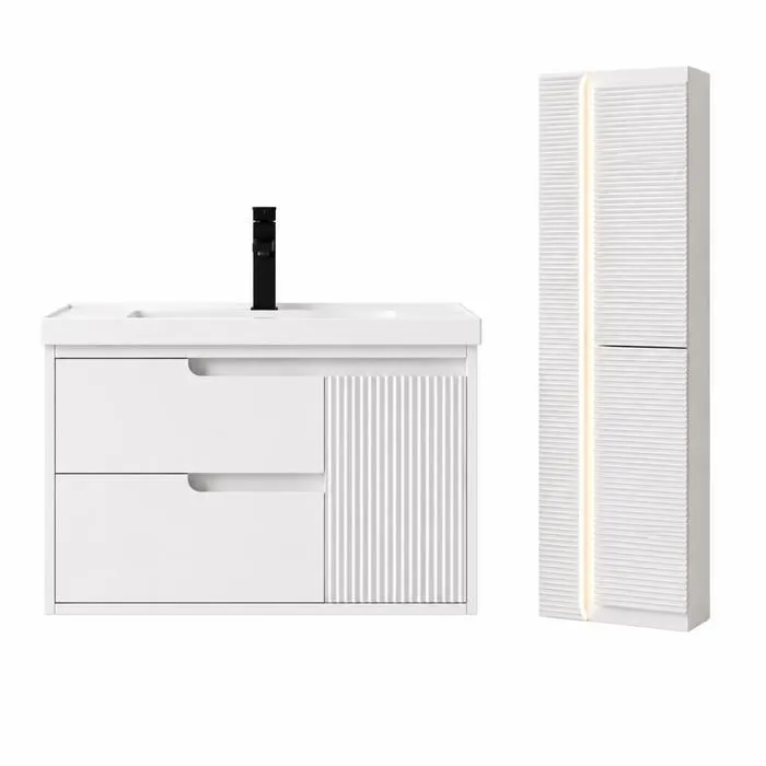 Meuble de salle de bain suspendu 80 cm avec plan vasque et colonne de salle de bain - Blanc cassé - SEREN