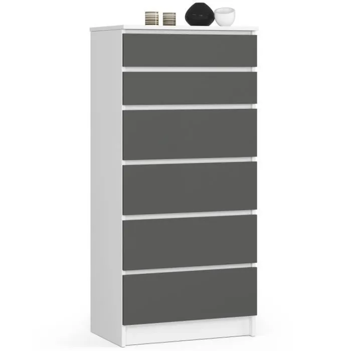 Commode Akord K60 Blanche 60 Cm 6 Tiroirs Façade Gris Graphite 60x40x130 Cm