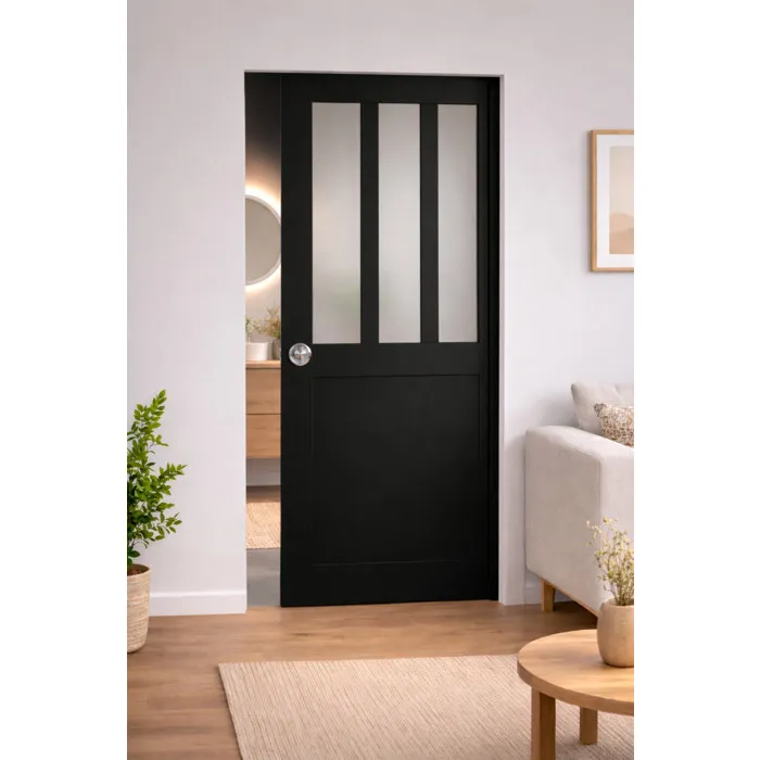 Porte Coulissante Atelier Noir Vitre Depoli H204 X L73 Cm, Galandage Gd Menuiseries