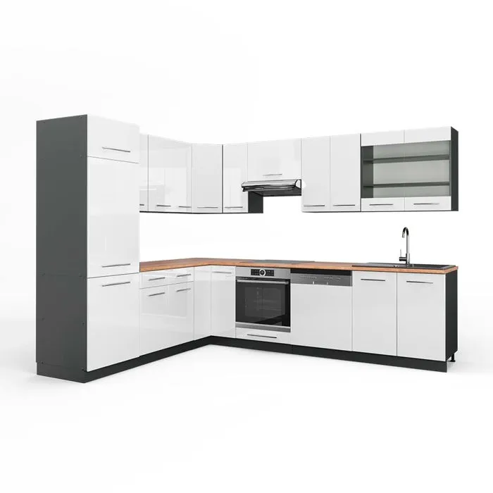 Vicco Cuisine en angle Blanc Haute brillance/Anthracite 287 x 227 cm, PT Chêne