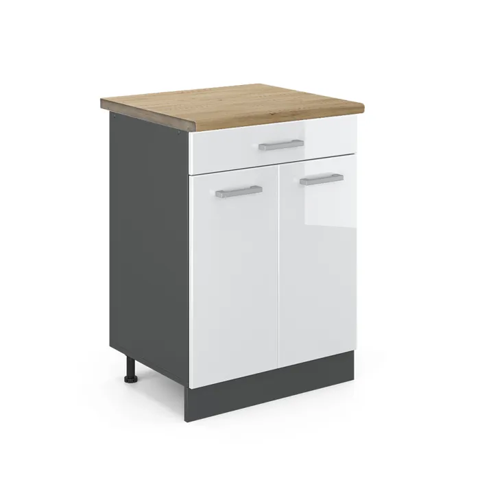 Vicco Meuble cuisine Blanc Haute brillance/Anthracite 60cm avec tiroir plan de travail Chêne doré