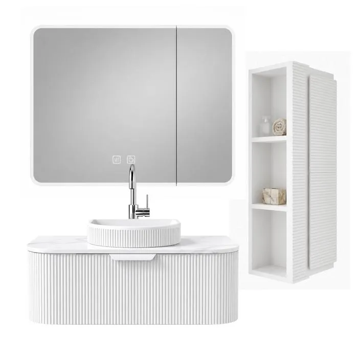 Ensemble meuble suspendu 80 cm avec vasque à poser et plan vasque, armoire miroir LED et colonne - Blanc cassé - RAIN