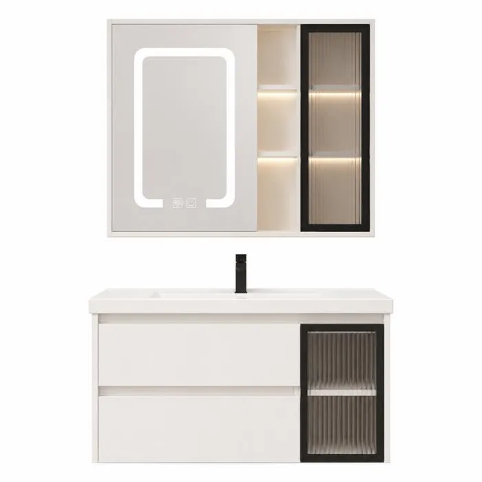 Meuble de salle de bain suspendu 80 cm avec plan vasque et armoire miroir LED de salle de bain - Blanc cassé - ARVIA
