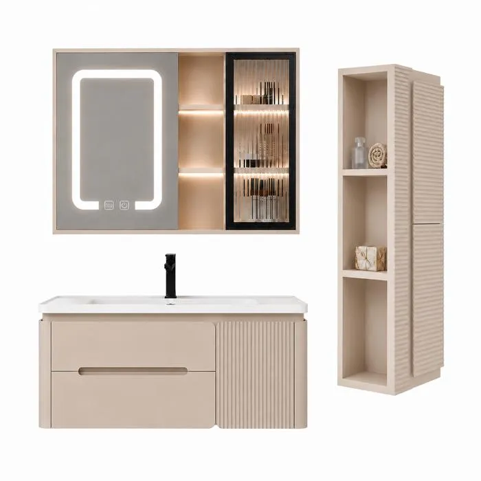 Meuble de salle de bain suspendu 80 cm avec plan vasque, armoire miroir LED et colonne de salle de bain - Beige cachemire - CYLIA