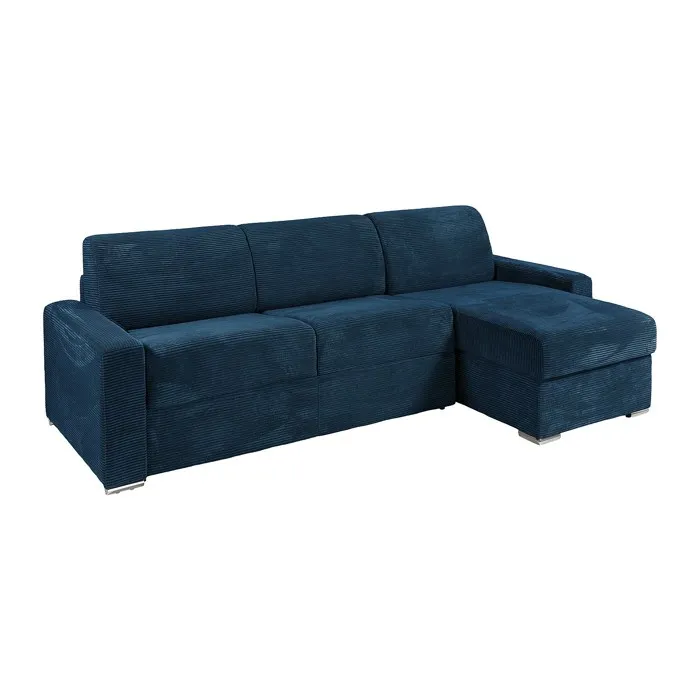 Canapé d'angle réversible convertible express en velours côtelé bleu - Couchage lattes larges 140 cm - Matelas 22 cm avec mémoire
