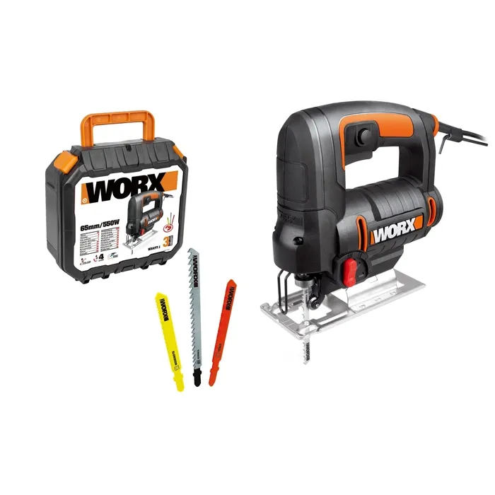 Scie sauteuse 550W WORX - WX477.1 (course 20 mm, jusqu'à 65 mm, coupe bois, système pendulaire, vitesse variable, 3 lames)