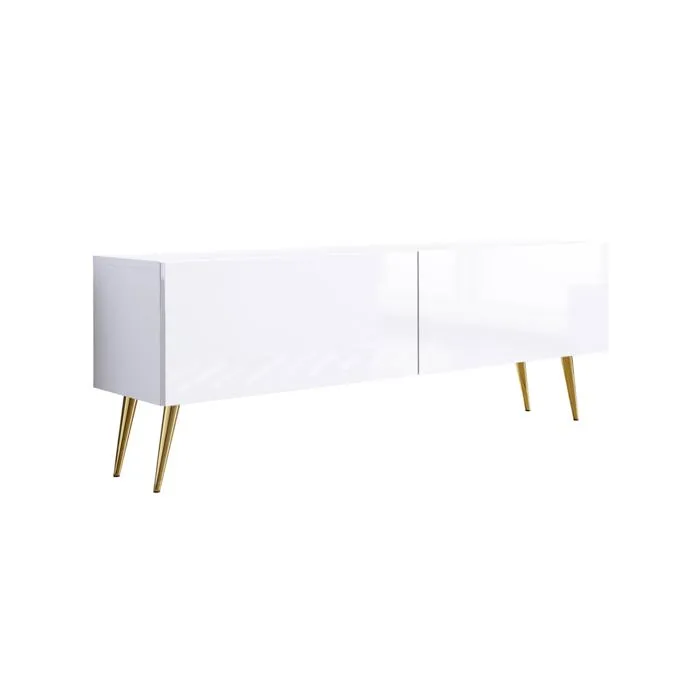 Meuble TV: Blanc Mat/Blanc Brillant, Pieds Dorés, 140 x 52 x 32 cm