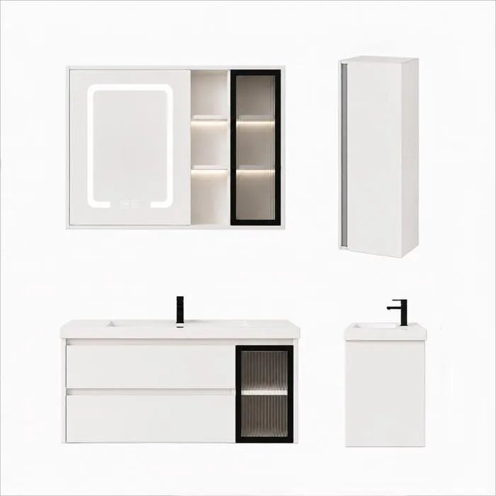 Meuble de salle de bain suspendu 100 cm avec plan vasque, armoire miroir LED et colonne de salle de bain - Blanc cassé - ARVIA