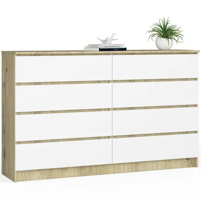 Grande Commode Pour Le Salon Akord K160 Chêne Artisan 160 Cm 8 Tiroirs Façade Blanche 160x40x99 Cm