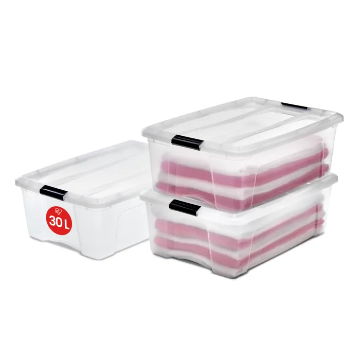Iris Ohyama, Boites de Rangement Plastique avec Couvercle, 30L, Lot de 3, Transparent, NTB-30